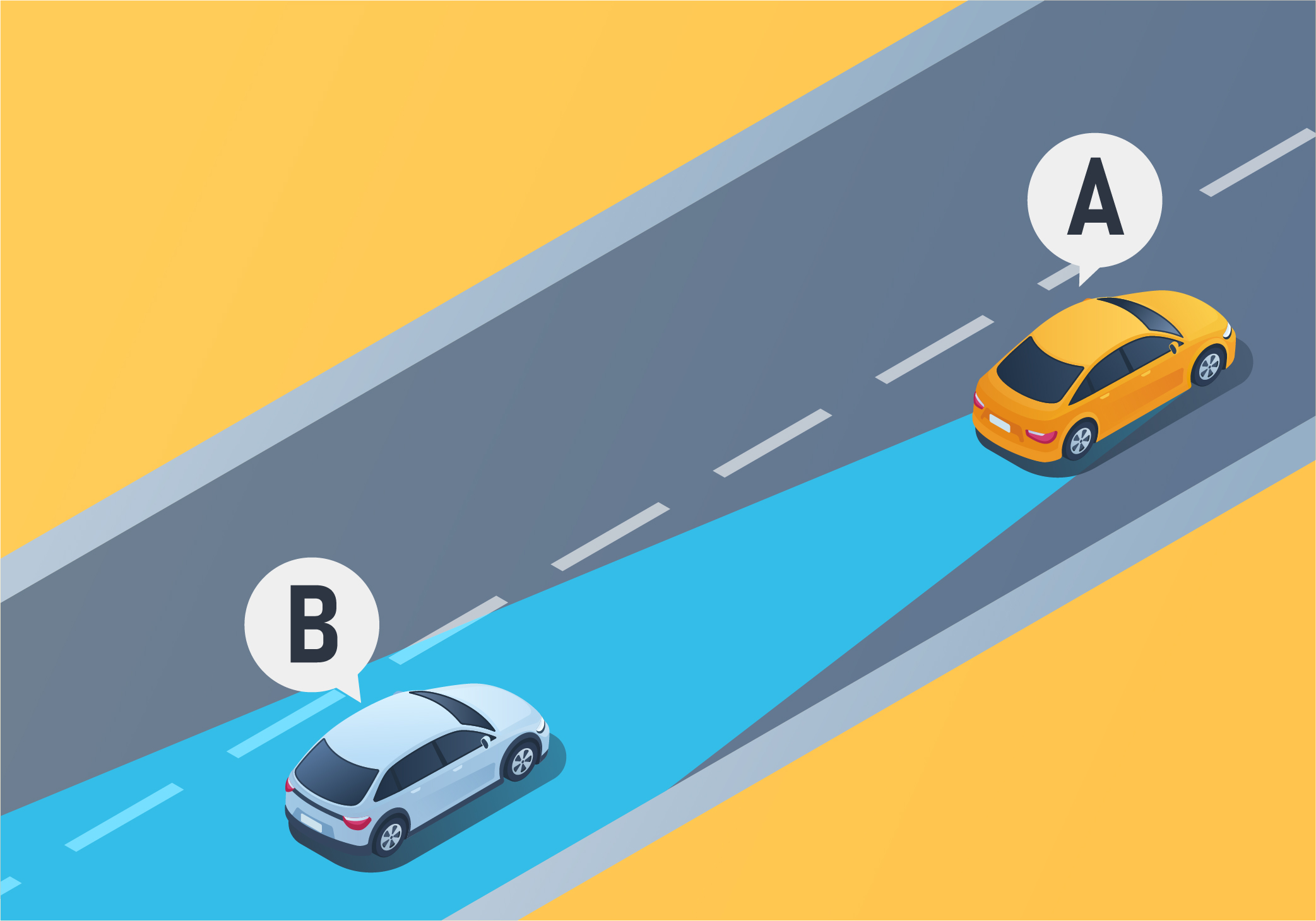 Through which rearview mirror can the driver of Vehicle A see Vehicle B approaching from behind? - Through which rearview mirror can the driver of Vehicle A see Vehicle B approaching from behind?