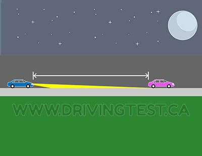 Test 2 - Within what distance of another vehicle should you dim your headlights when you are following them?
